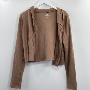 Hollister Cropped Cardigan Brown Waffle Knit Hooded Stretchy Sweater